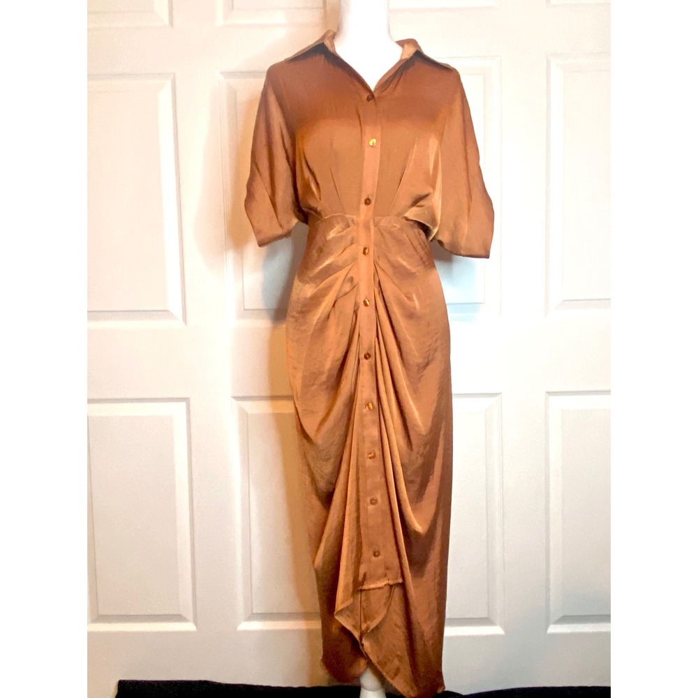 Steve Madden Copper Satin Ruched Maxi Shirt Dress Bronze Size 4 BM308083